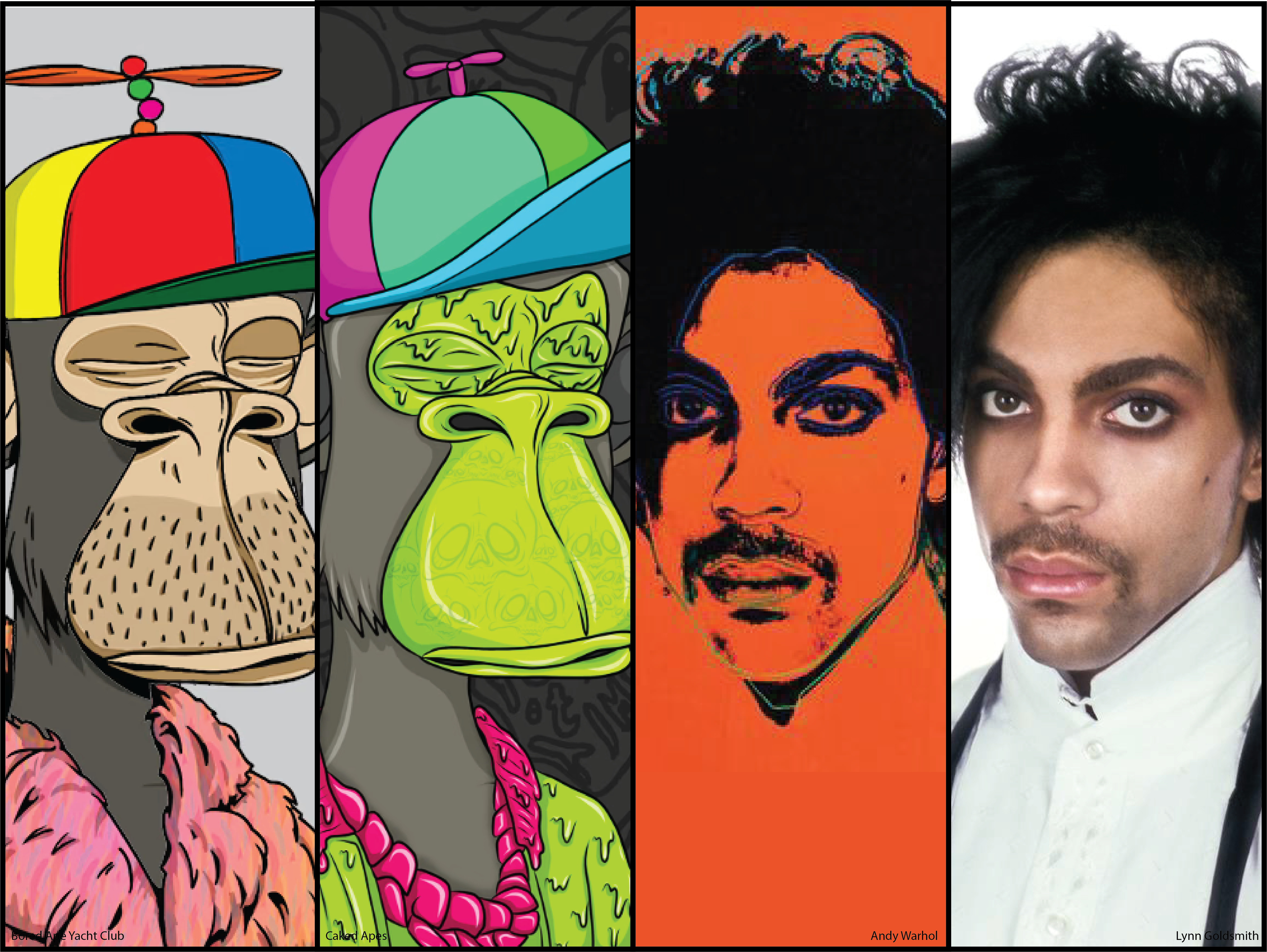 A cover art image depicting (from left to right) Bored Ape Yacht Club #3884 Caked Apes #6224, Andy Warhol's "Orange Prince", and Lynn Goldsmith's photograph of Prince.